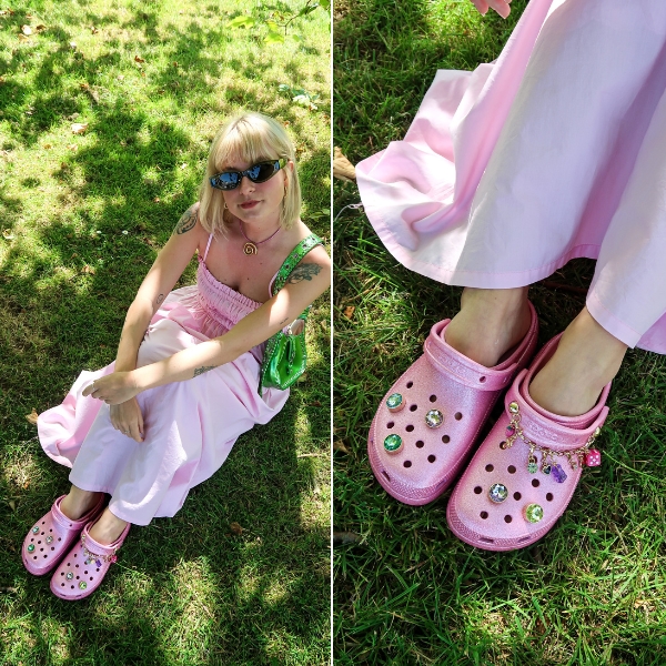 Woman wears Pink Glitter Platform Crocs Sandals with Jibbitz